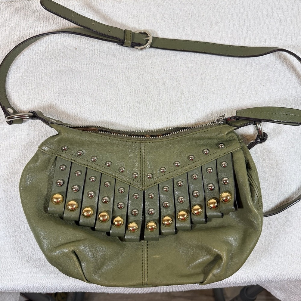 B. Makowsky Olive Green Leather Fringed & Studded Crossbody Bag Handbag Boho EUC